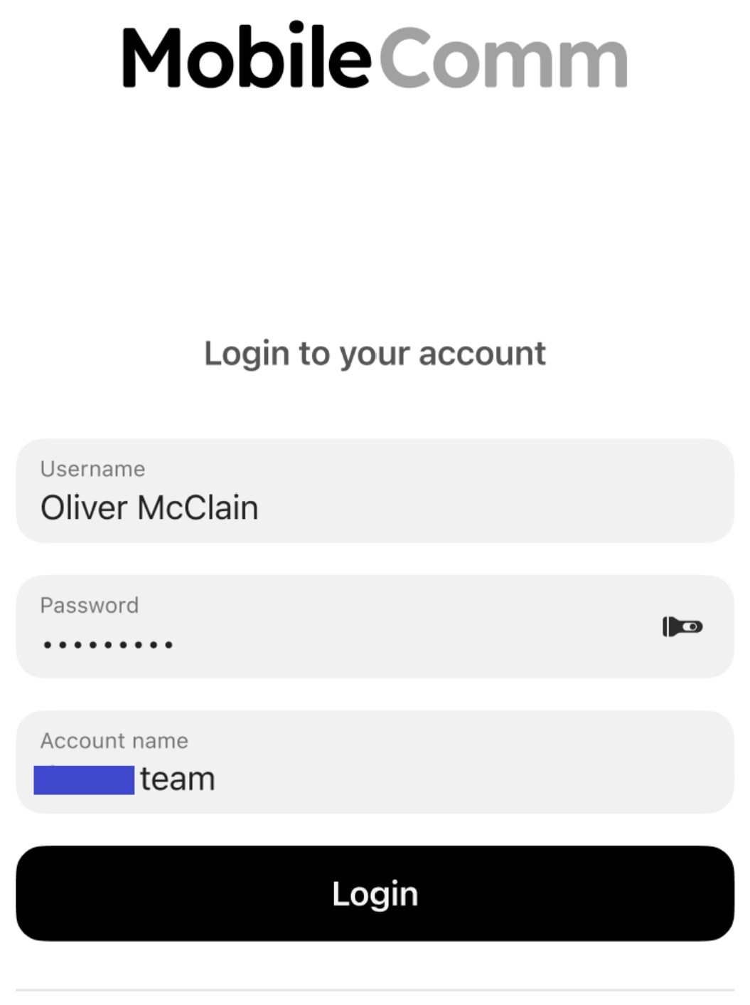 MobileComm credentials screen
